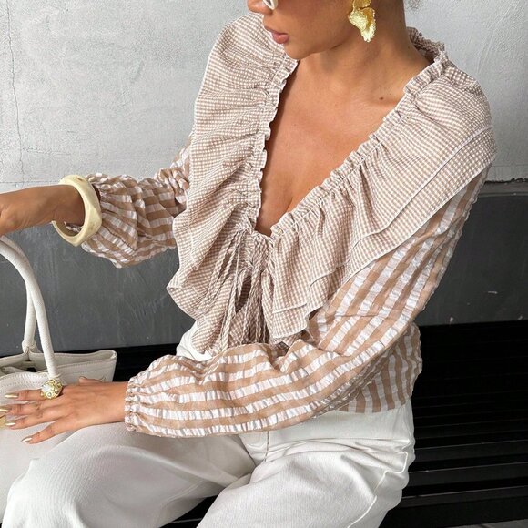 Khaki Casual Women's Ruffled Seersucker Blouse - Picture 5 of 6